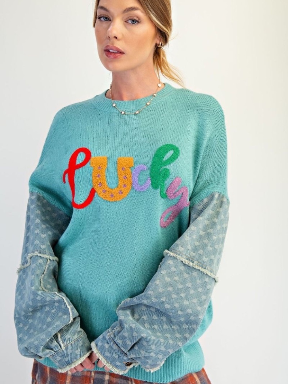 NEW EASEL NWT LUCKY PULLOVER BLUE SWEATER KNIT PULLOVER MIXED MEDIA BOHO PATCH